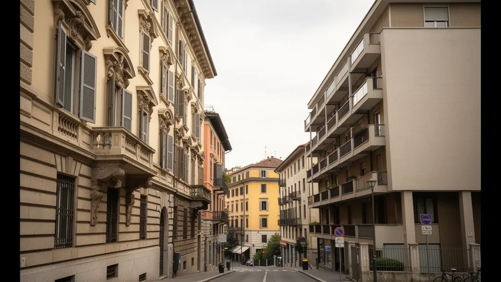 Contrasto architettonico Milano edificio storico elegante accanto a palazzina anni Sessanta, prezzi immobili quartieri