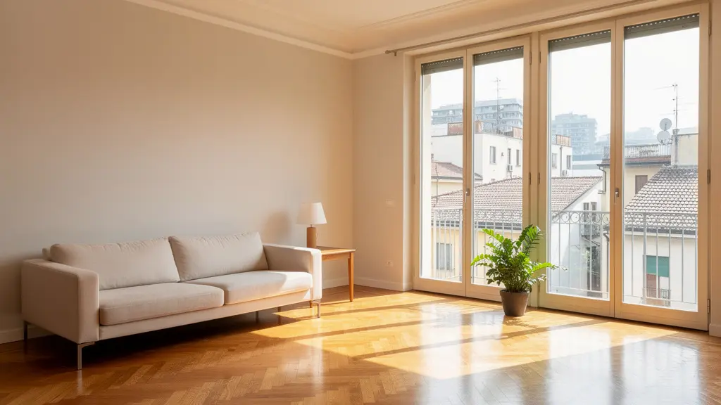 Interno appartamento Milano luminoso con ampie finestre e vista urbana, valutazione immobiliare prezzi