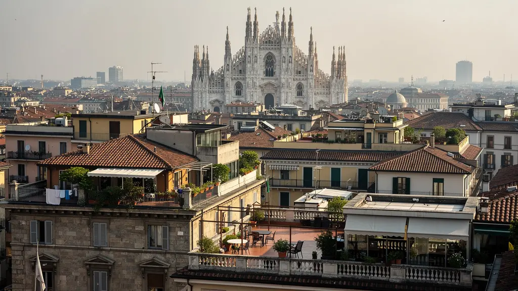 Panorama urbano di Milano con vista sui tetti e il Duomo sullo sfondo, disparità prezzi immobiliari quartieri