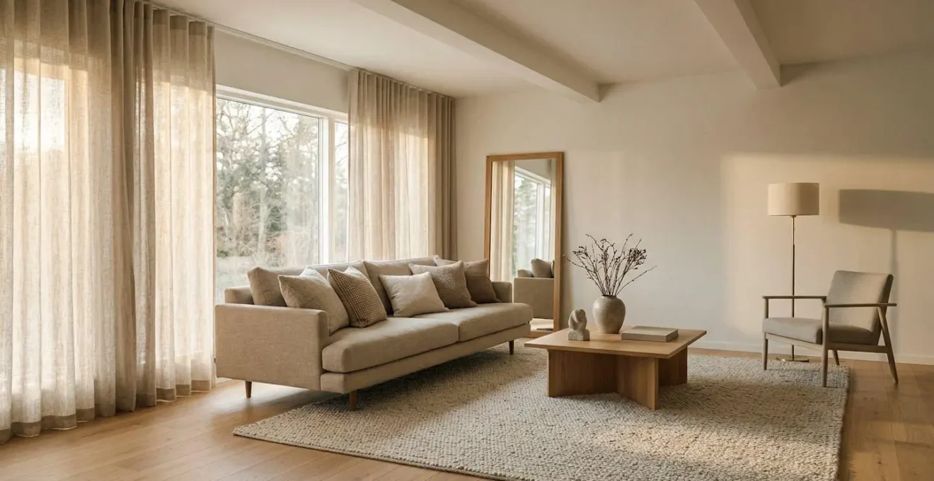 Soggiorno minimalista con tende, cuscini e tappeto in palette coordinata di toni naturali