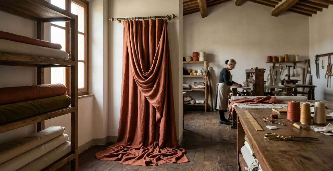 Laboratorio sartoriale italiano con tende su misura e tessuti di lusso