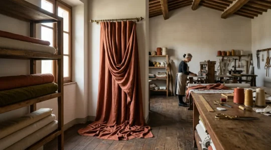 Laboratorio sartoriale italiano con tende su misura e tessuti di lusso