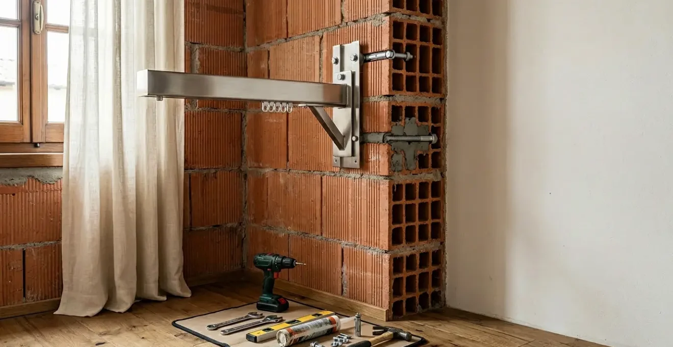 Binario per tende installato su parete in mattoni forati con tasselli chimici e meccanici