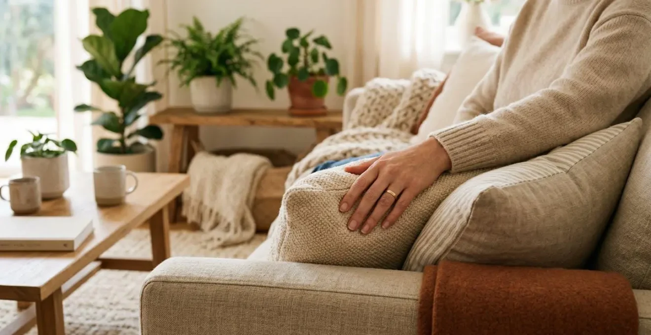 Soggiorno armonioso con tessuti naturali in tonalità terra, piante e luce naturale che crea un'atmosfera calmante