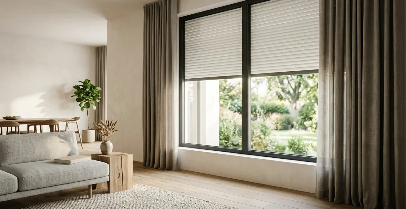 Calate decorative laterali eleganti in tessuto con tapparelle moderne in salotto luminoso