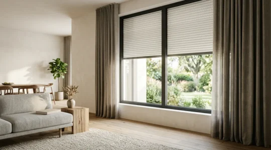 Calate decorative laterali eleganti in tessuto con tapparelle moderne in salotto luminoso