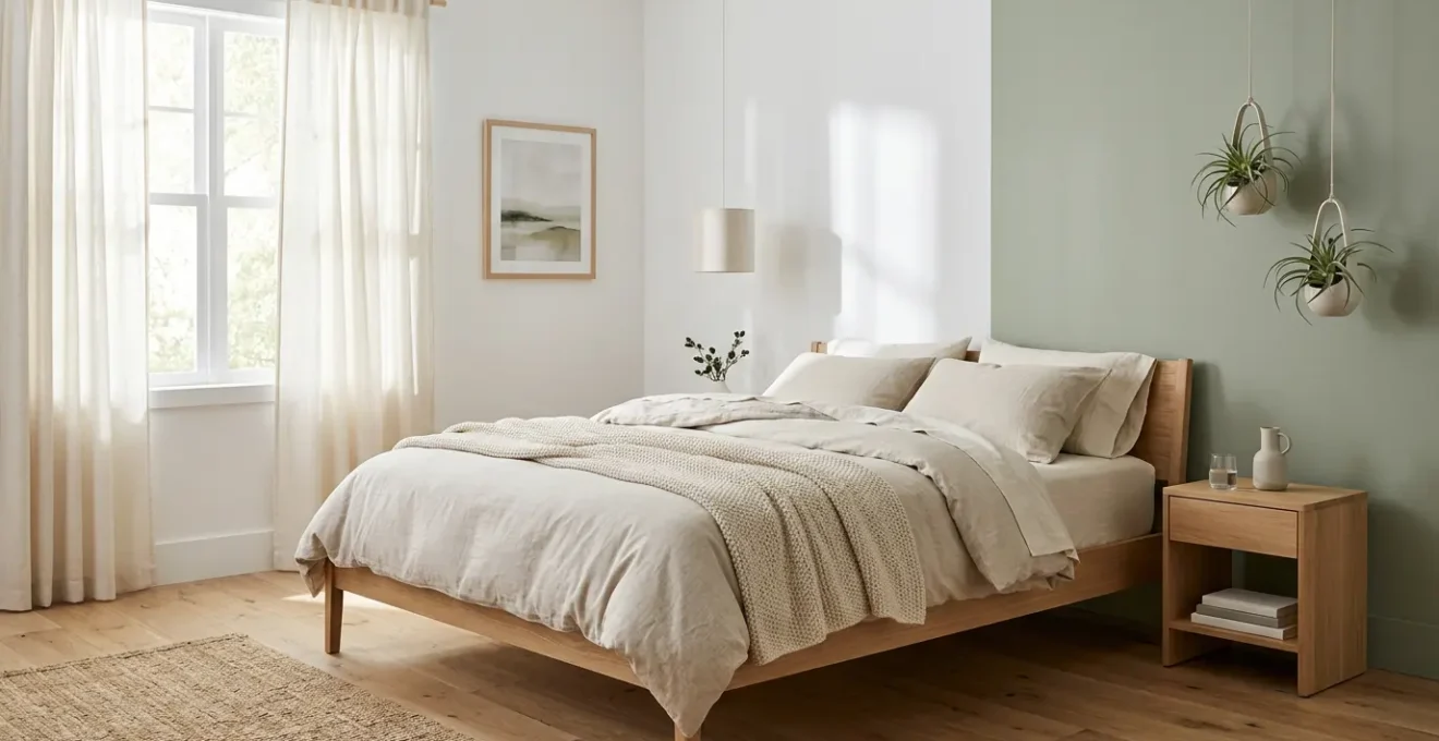 Camera da letto luminosa con tessuti in cotone biologico GOTS, piante e luce naturale che filtra attraverso tende chiare