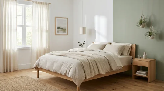 Camera da letto luminosa con tessuti in cotone biologico GOTS, piante e luce naturale che filtra attraverso tende chiare