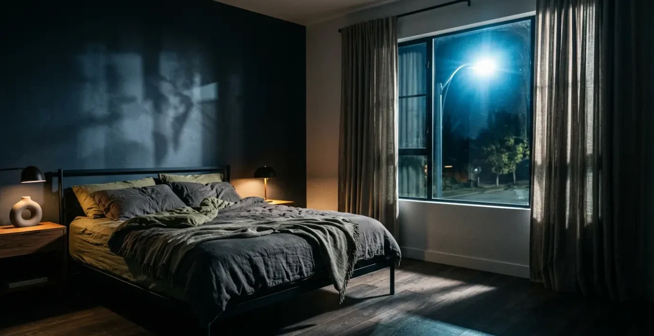 Camera da letto di notte con luce di lampione che filtra dalla finestra e tende oscuranti