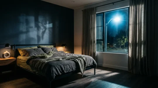 Camera da letto di notte con luce di lampione che filtra dalla finestra e tende oscuranti