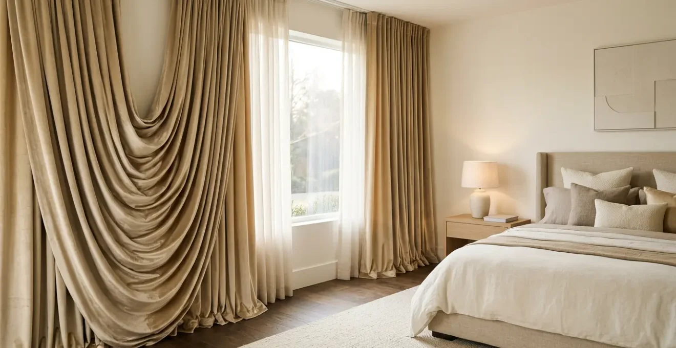 Camera da letto elegante con tende arricciate drappeggiate in stile suite d'hotel di lusso