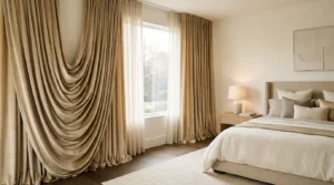 Camera da letto elegante con tende arricciate drappeggiate in stile suite d'hotel di lusso