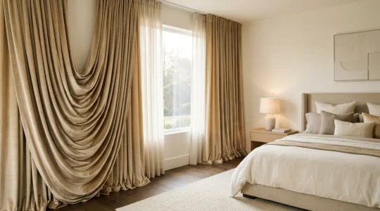 Camera da letto elegante con tende arricciate drappeggiate in stile suite d'hotel di lusso