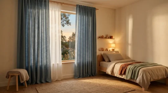 Camera da letto per bambini con tende oscuranti che creano un'atmosfera serena per il riposo