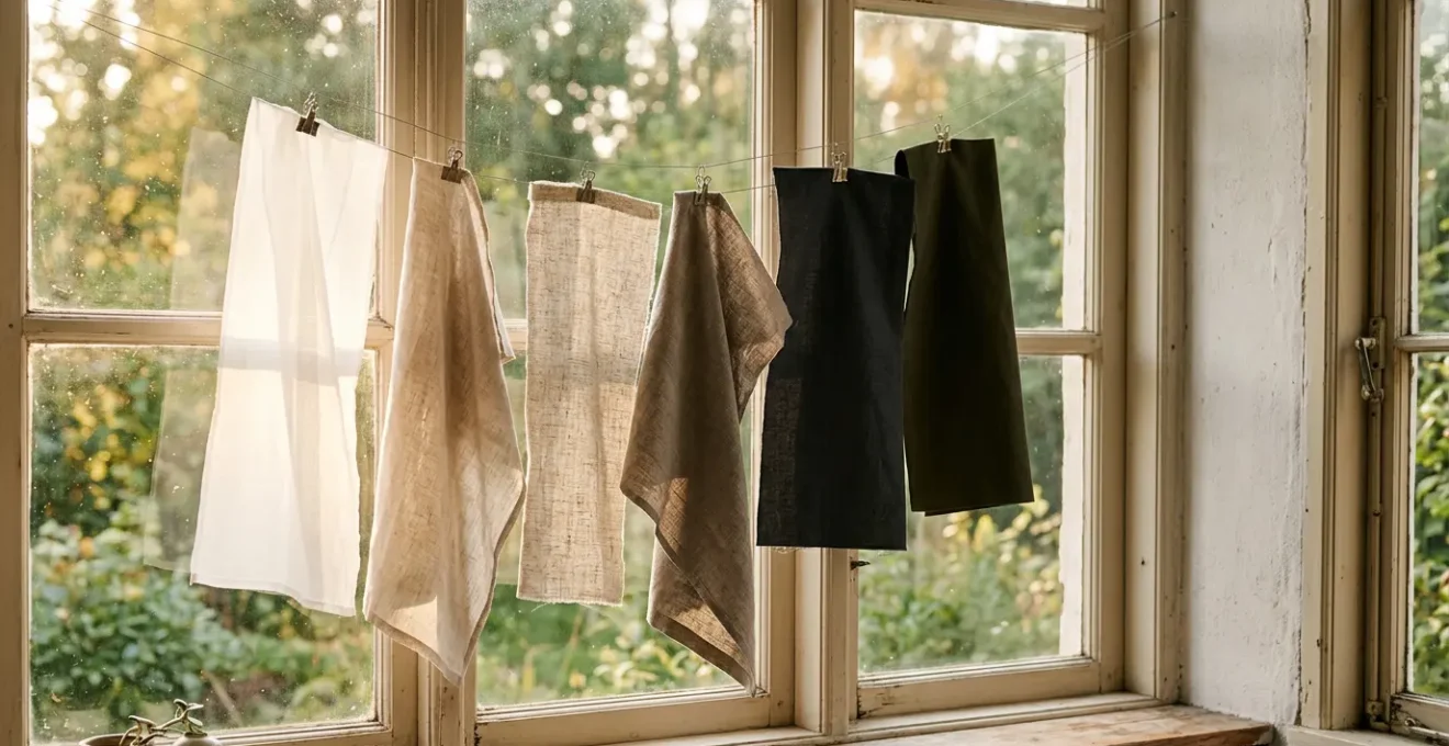 Campioni di tessuti per tende appesi davanti a una finestra illuminata dalla luce naturale che mostra le diverse trasparenze