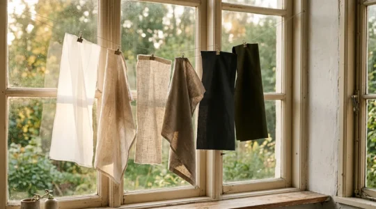 Campioni di tessuti per tende appesi davanti a una finestra illuminata dalla luce naturale che mostra le diverse trasparenze