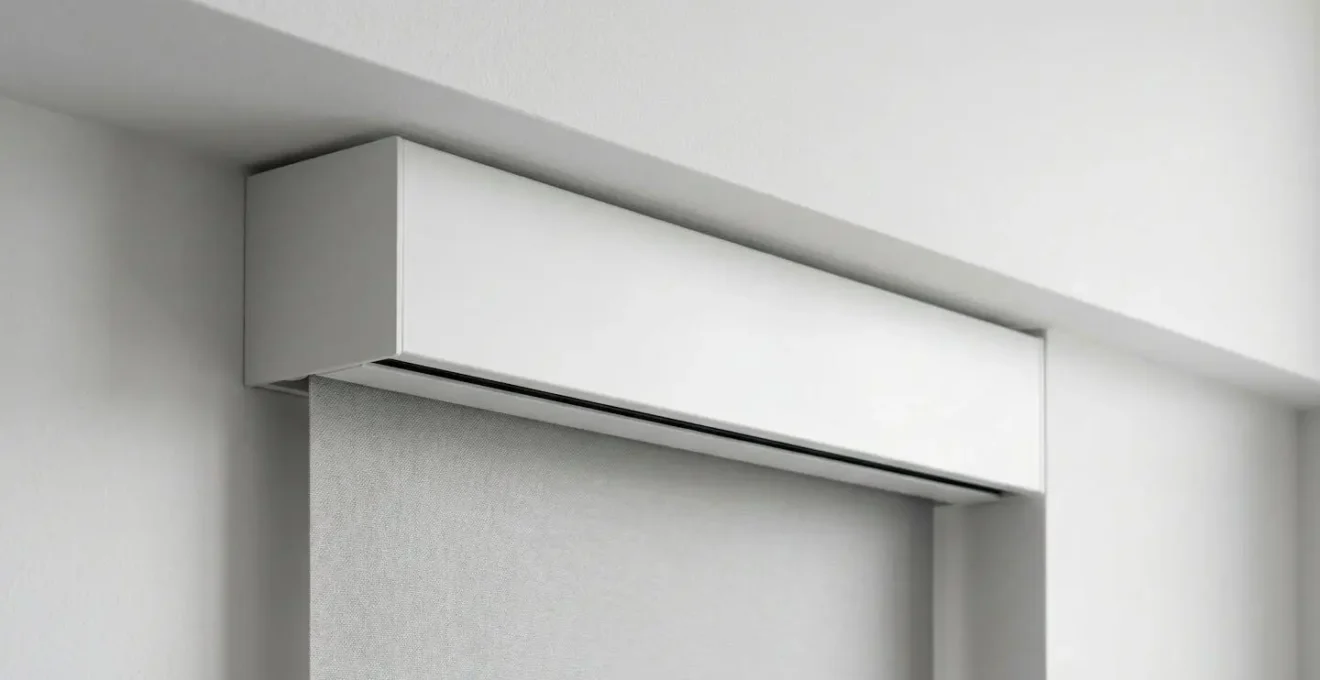 Vista laterale di un cassonetto bianco minimalista che nasconde completamente il meccanismo della tenda a rullo