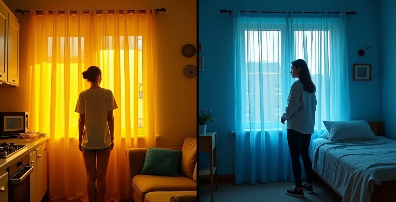 Tende giallo caldo in cucina luminosa e tende blu rilassanti in camera da letto, mostrando l'effetto dei colori sull'ambiente