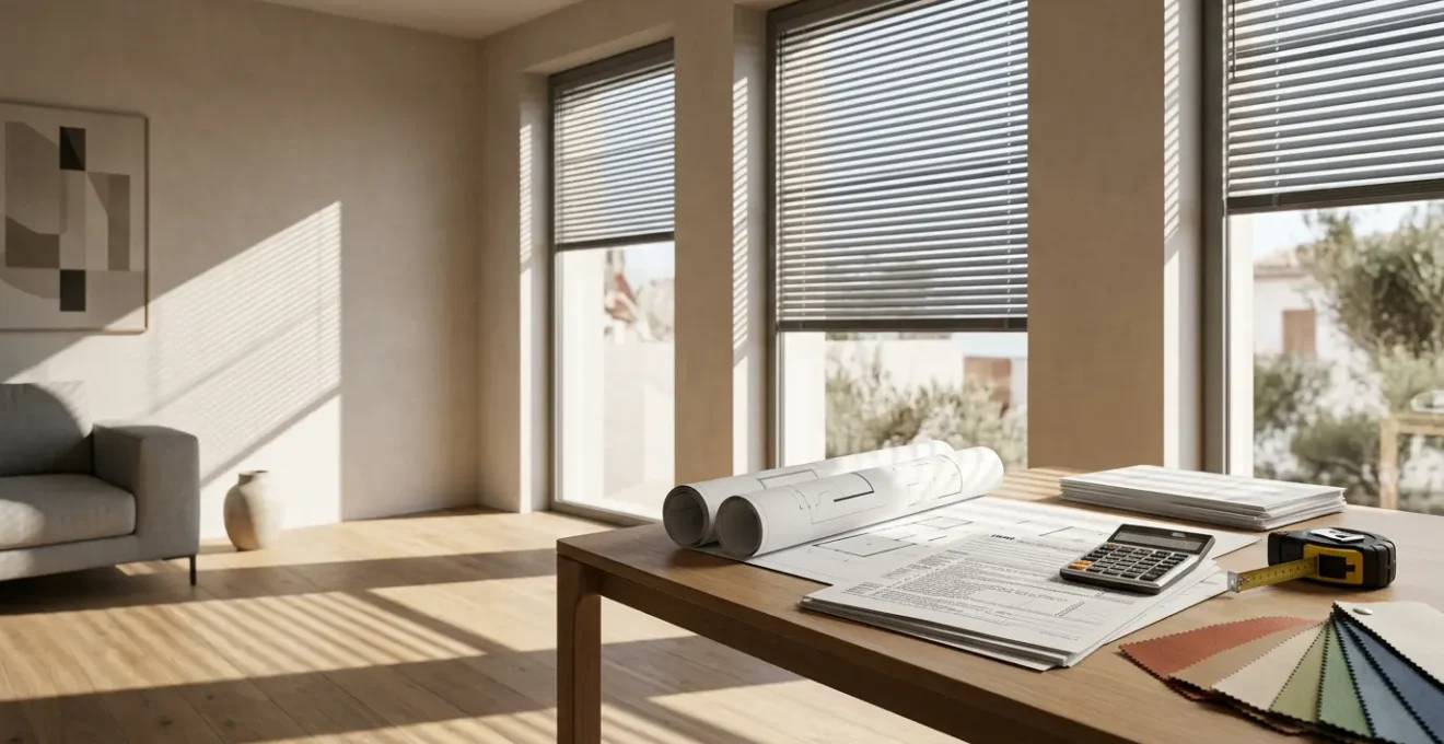 Ambiente domestico italiano con tende tecniche e schermature solari, documenti fiscali e calcolatrice su tavolo in legno