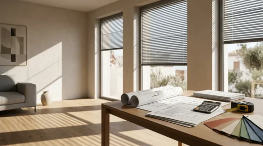 Ambiente domestico italiano con tende tecniche e schermature solari, documenti fiscali e calcolatrice su tavolo in legno