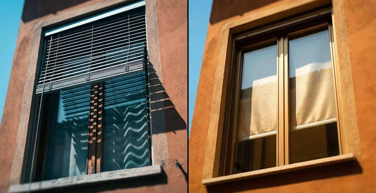 Confronto visivo tra veneziana esterna e tenda tecnica interna su finestra