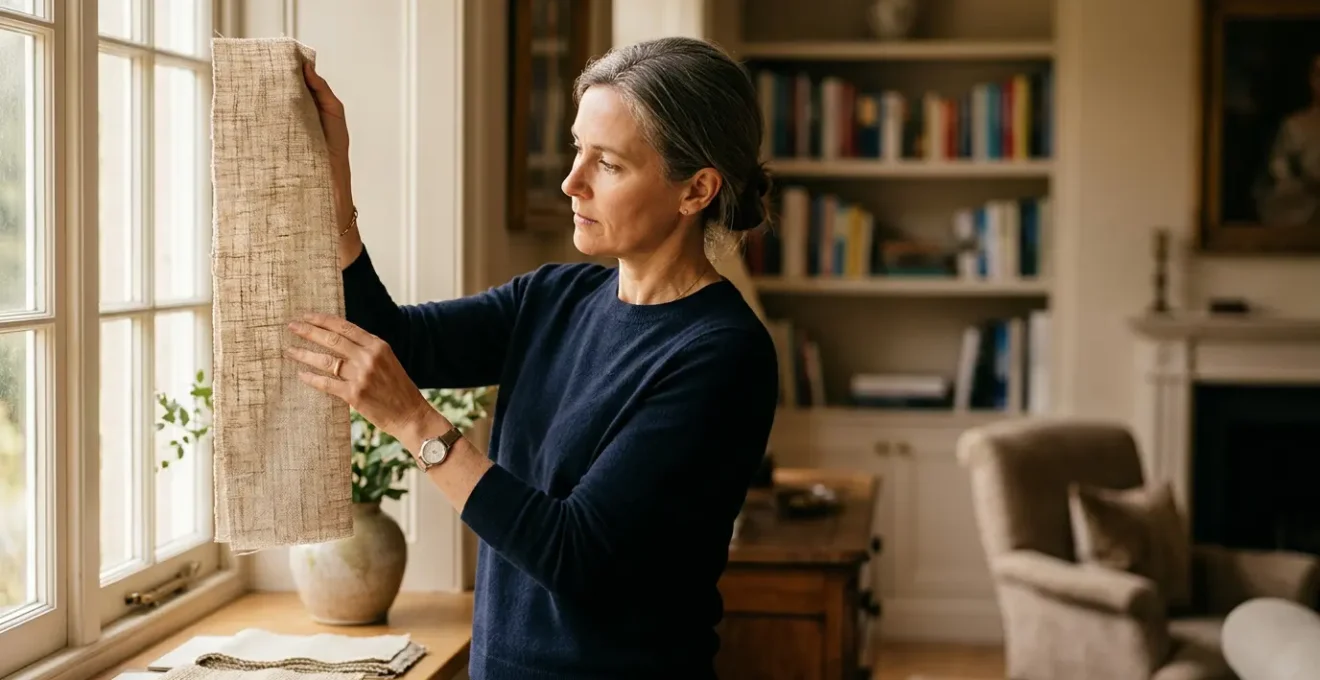 Consulente tessile esperto che esamina campioni di tessuti in verticale vicino a finestra luminosa