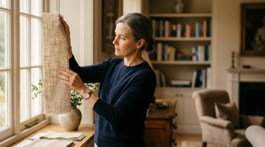 Consulente tessile esperto che esamina campioni di tessuti in verticale vicino a finestra luminosa