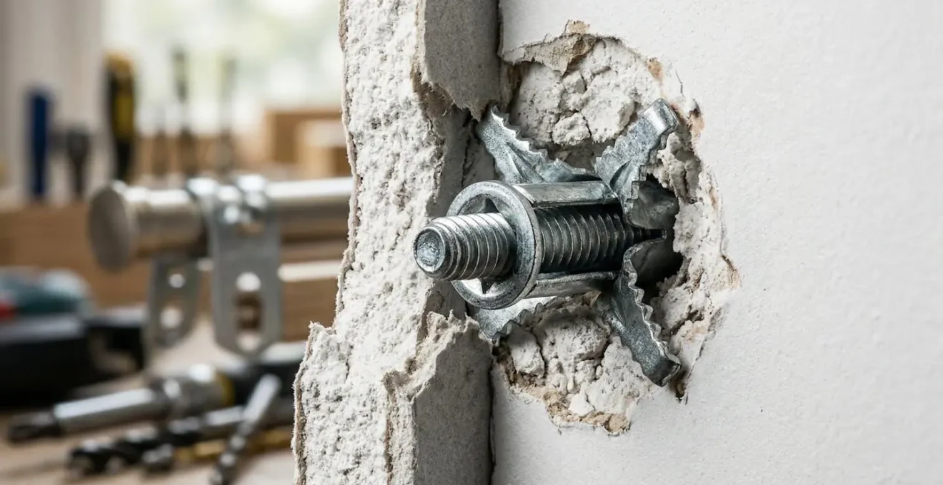 Vista macro di un tassello ad espansione installato nel cartongesso con binario per tende