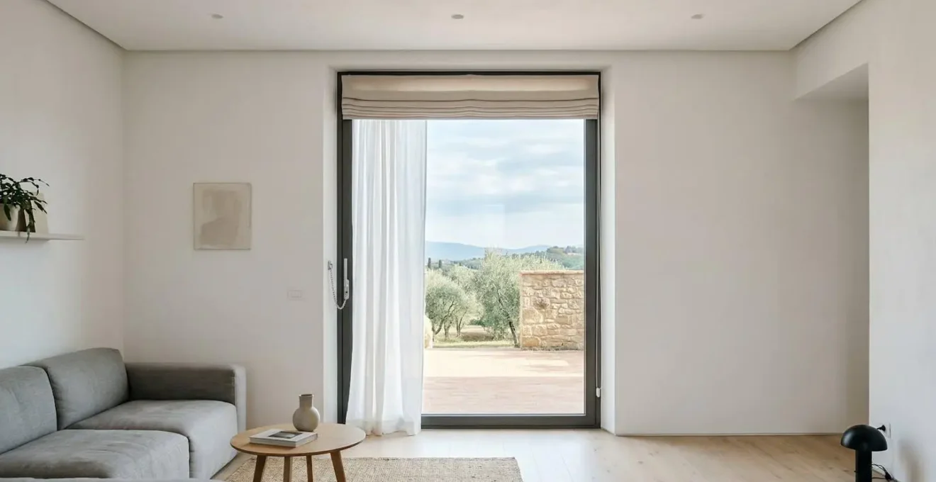 Vista ravvicinata di un meccanismo di sgancio rapido per catenelle di tende installato correttamente su una finestra moderna