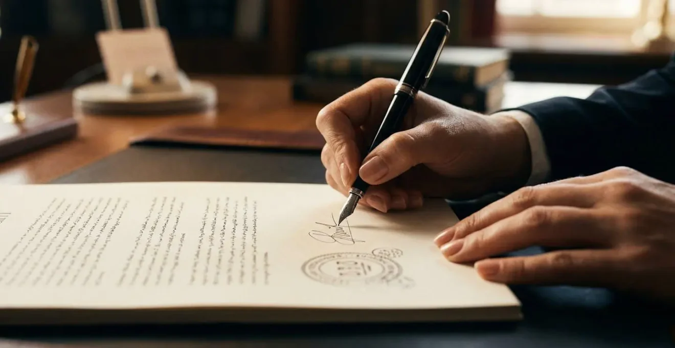 Mani che firmano documento ufficiale con timbri e sigilli visibili