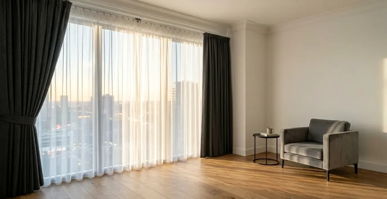 Sistema di doppio binario per tende in una suite d'hotel di lusso con velo filtrante e oscurante