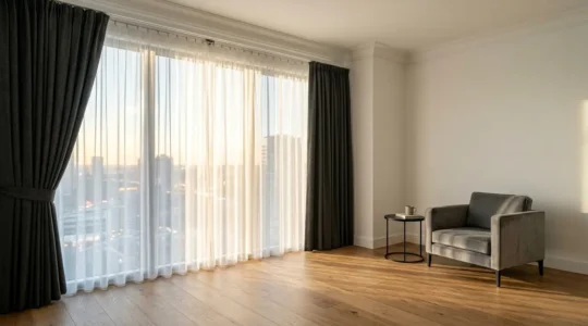 Sistema di doppio binario per tende in una suite d'hotel di lusso con velo filtrante e oscurante