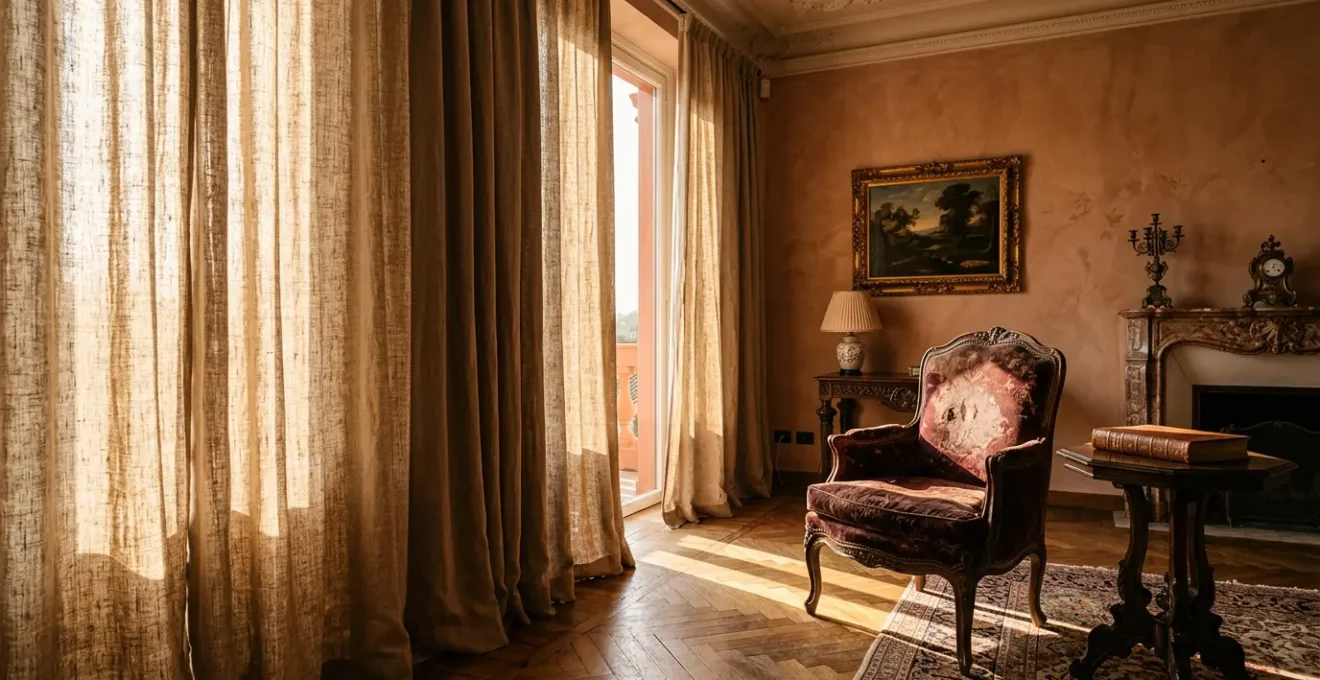 Salotto italiano elegante con tende di lino pesante che filtrano dolcemente la luce dorata del tramonto