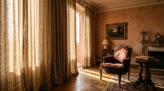 Salotto italiano elegante con tende di lino pesante che filtrano dolcemente la luce dorata del tramonto