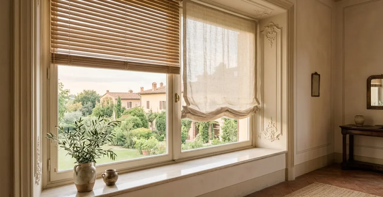 Finestra classica con tende a pacchetto steccate e morbide in ambiente elegante