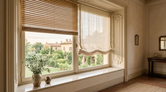 Finestra classica con tende a pacchetto steccate e morbide in ambiente elegante