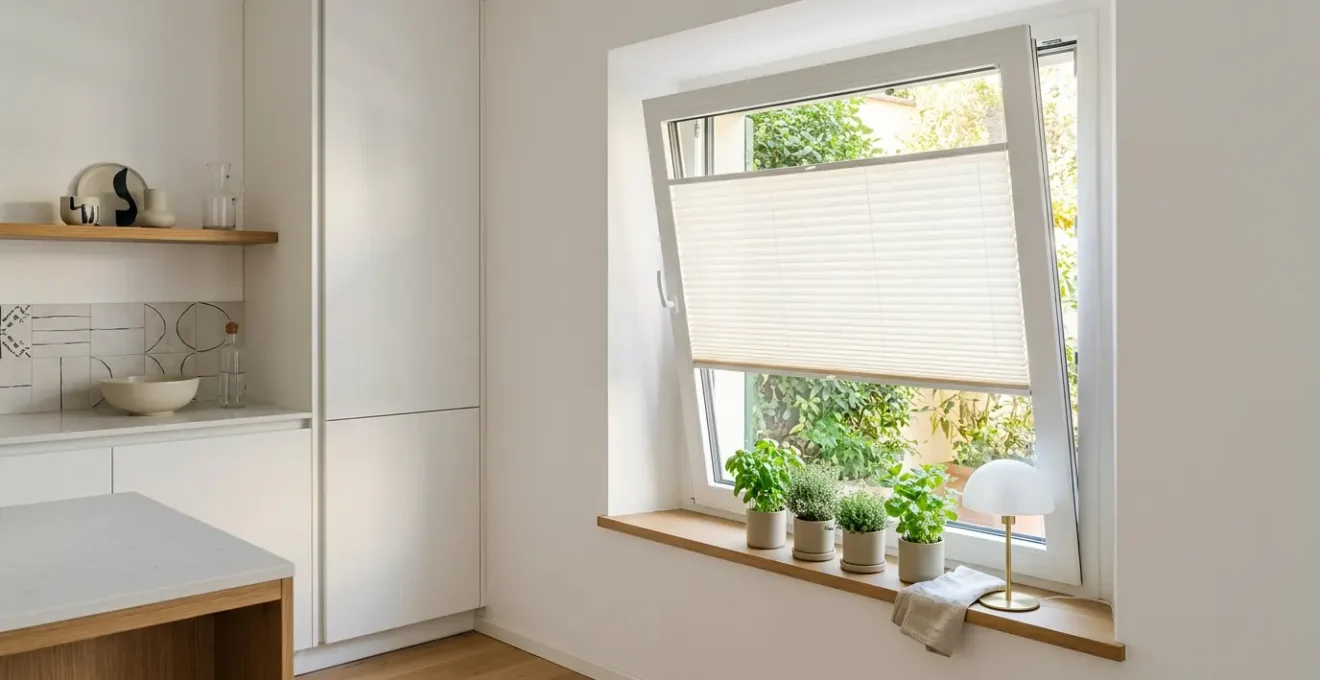 Finestra vasistas moderna con tenda plissé installata e davanzale organizzato