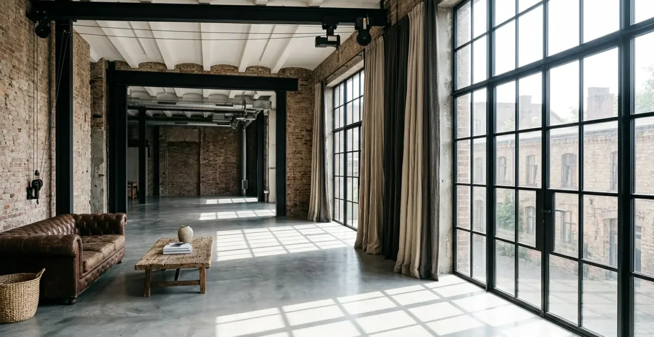 Loft industriale con finestre monumentali da 4 metri e sistema di tende motorizzate