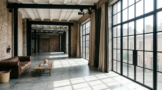 Loft industriale con finestre monumentali da 4 metri e sistema di tende motorizzate