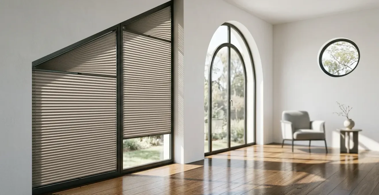 Finestra trapezoidale moderna con tenda plissettata e dettagli architettonici eleganti