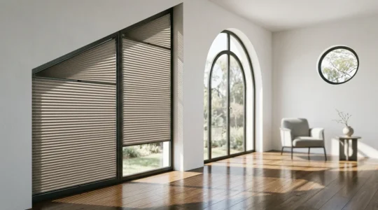 Finestra trapezoidale moderna con tenda plissettata e dettagli architettonici eleganti