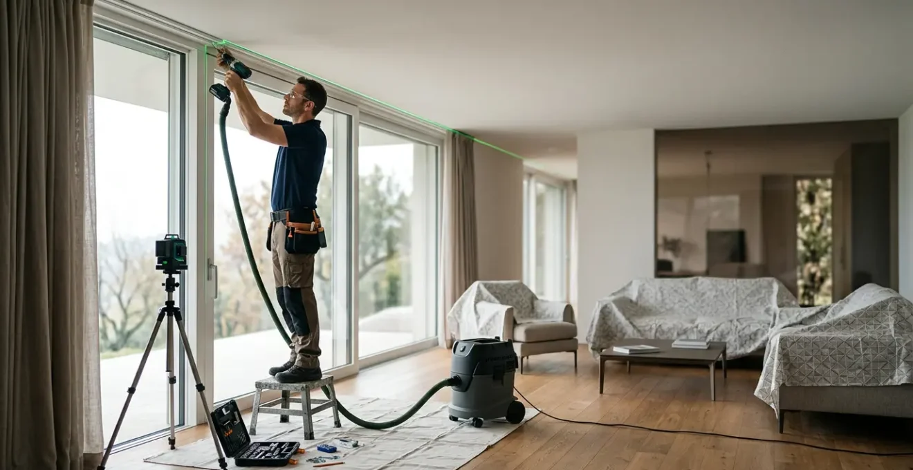 Installatore professionista con laser per allineamento binari tende in elegante ambiente domestico