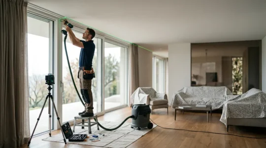 Installatore professionista con laser per allineamento binari tende in elegante ambiente domestico