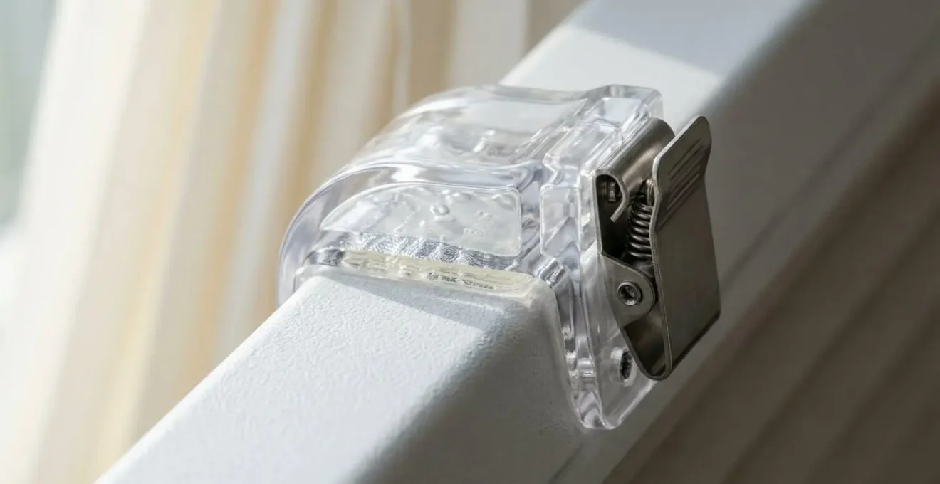 Dettaglio installazione tenda plissé con supporti adesivi su infisso PVC