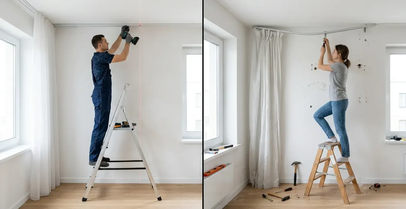 Confronto tra installazione professionale e amatoriale di tende con binari e strumenti