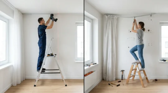 Confronto tra installazione professionale e amatoriale di tende con binari e strumenti