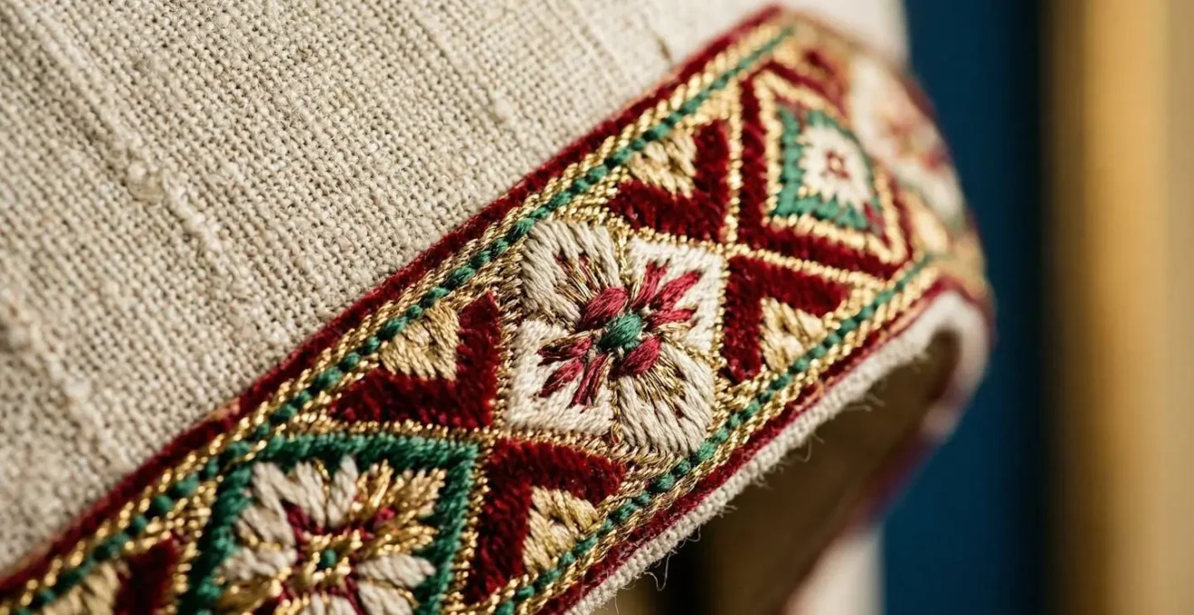 Dettaglio ravvicinato di una mantovana con bordo a contrasto in un interno elegante