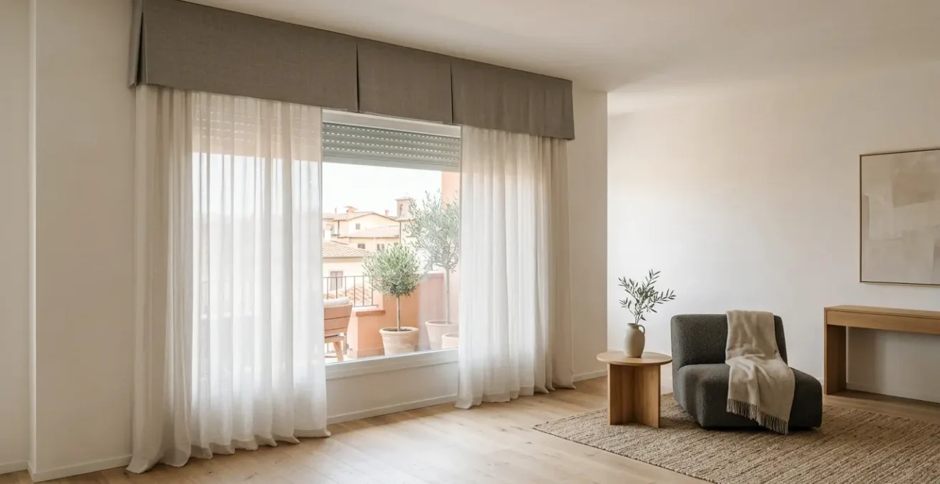 Mantovana elegante in tessuto che nasconde un cassonetto anni '70 in una stanza luminosa