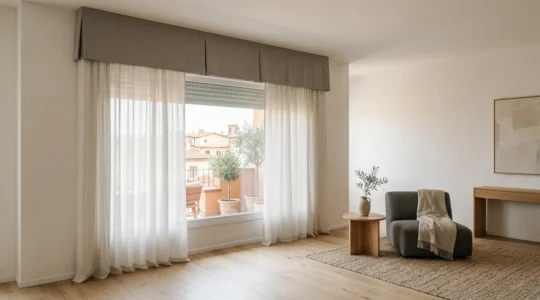 Mantovana elegante in tessuto che nasconde un cassonetto anni '70 in una stanza luminosa