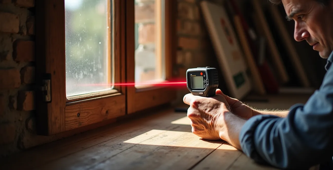 Artigiano che misura con precisione laser una finestra fuori squadro